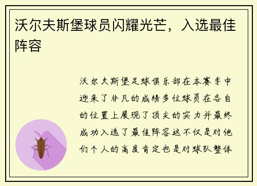 沃尔夫斯堡球员闪耀光芒，入选最佳阵容