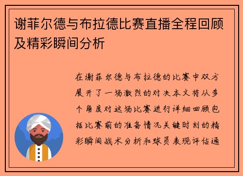 谢菲尔德与布拉德比赛直播全程回顾及精彩瞬间分析